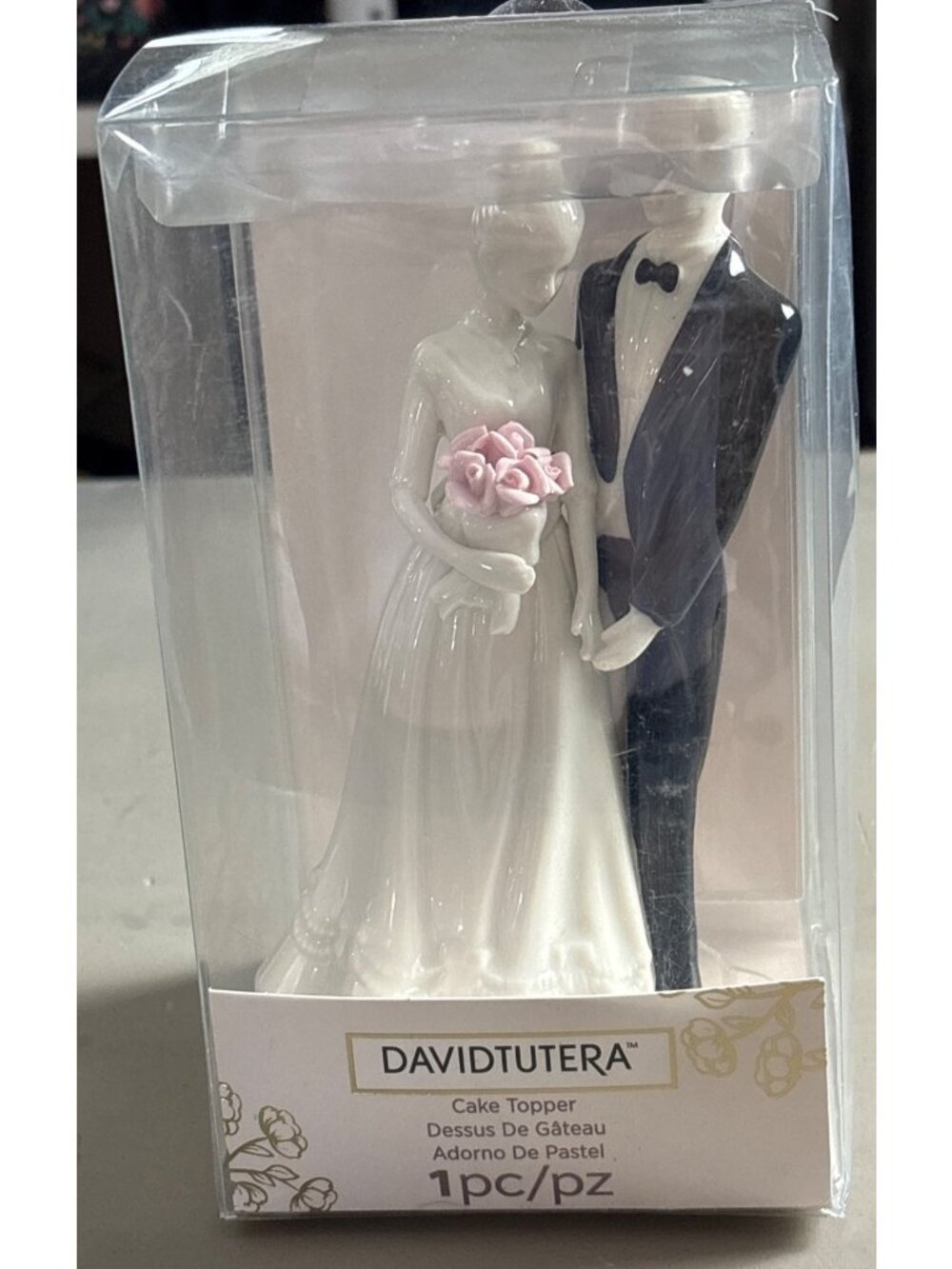 David Tutera Bride & Groom Wedding Cake Topper Figurine Pink & White Roses